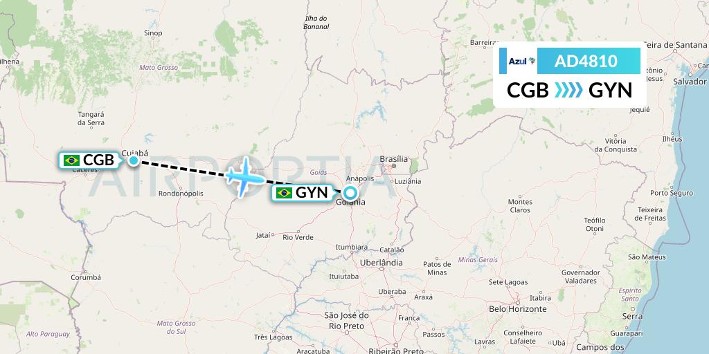 AD4810 Azul Brazilian Airlines Flight Map: Cuiaba to Goiania