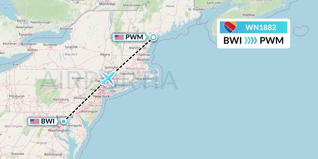 WN1882 Southwest Airlines Flight Map: Baltimore to Portland