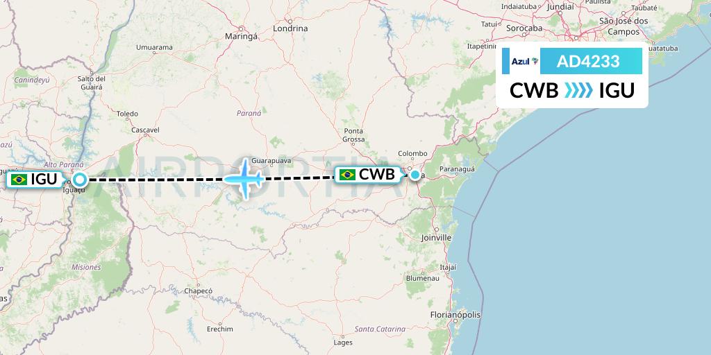 AD4233 Azul Brazilian Airlines Flight Map: Curitiba to Foz do Iguacu