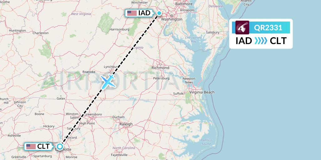 QR2331 Qatar Airways Flight Map: Washington to Charlotte