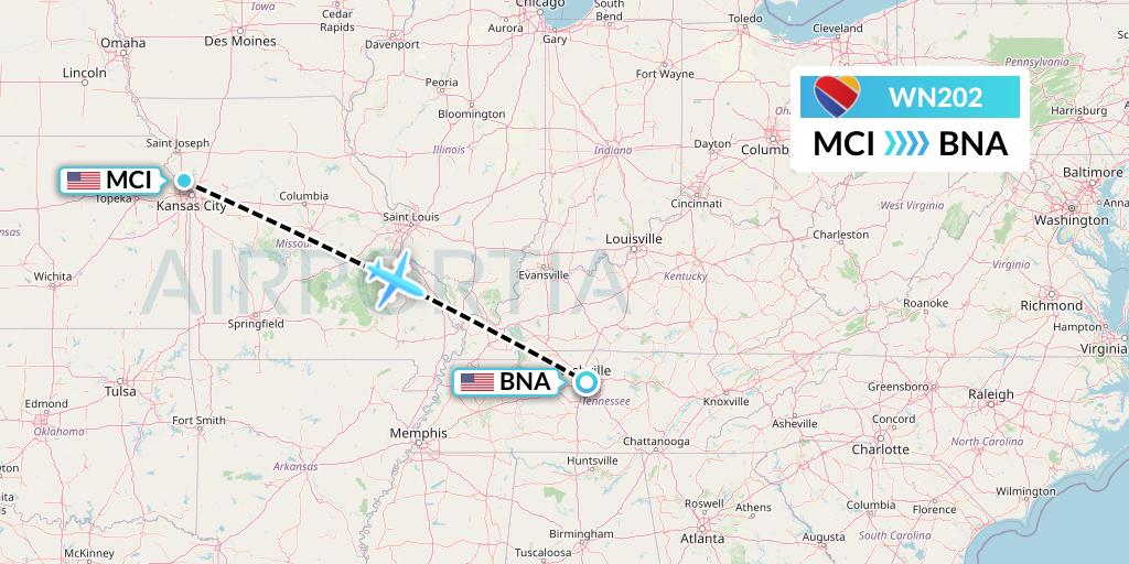 WN202 Southwest Airlines Flight Map: Kansas City to Nashville