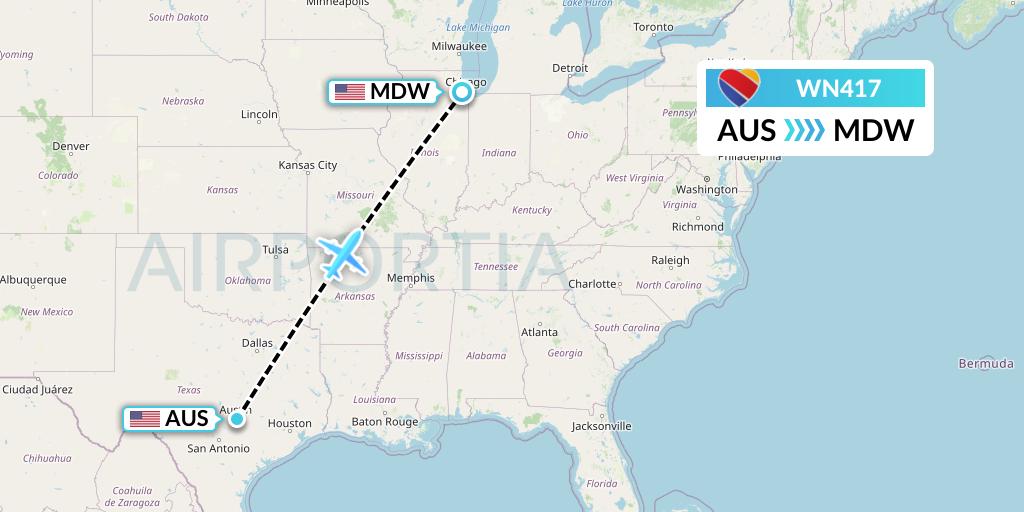 WN417 Southwest Airlines Flight Map: Austin to Chicago
