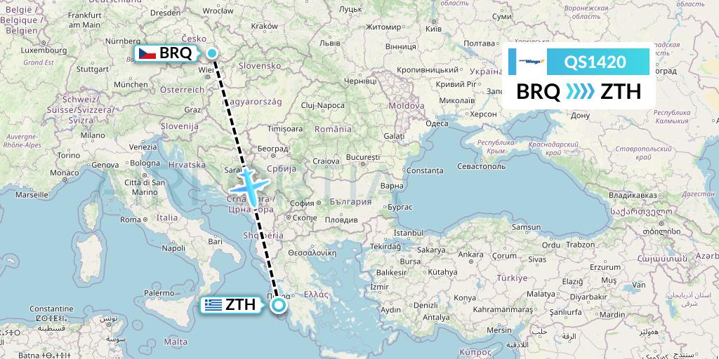 QS1420 Smartwings Flight Map: Brno to Zakynthos