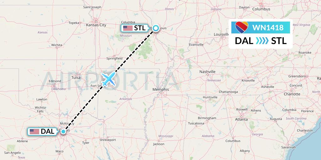 WN1418 Southwest Airlines Flight Map: Dallas to St. Louis