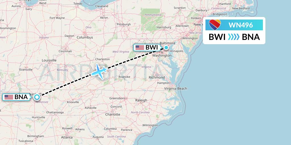 WN496 Southwest Airlines Flight Map: Baltimore to Nashville