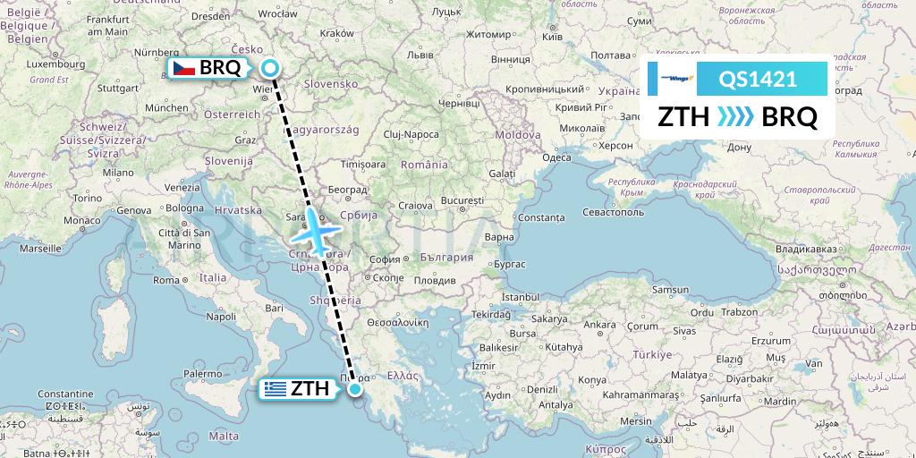 QS1421 Smartwings Flight Map: Zakynthos to Brno