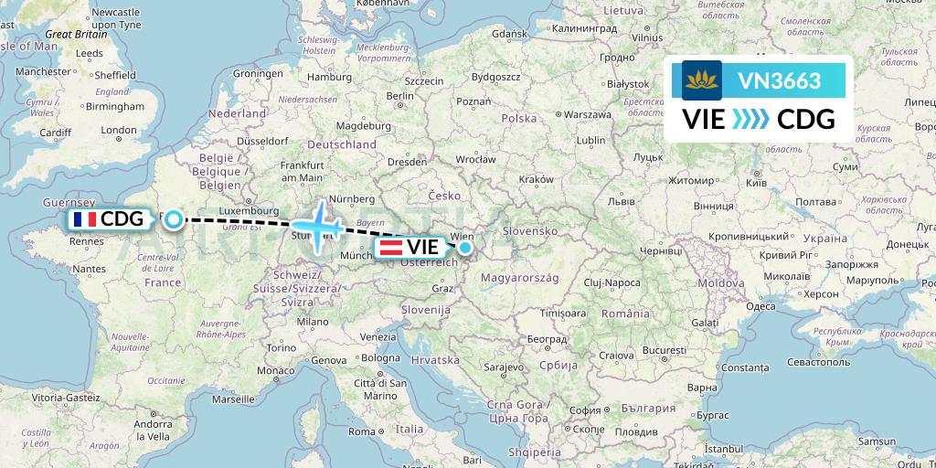 VN3663 Vietnam Airlines Flight Map: Vienna to Paris