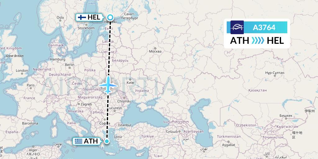 A3764 Aegean Airlines Flight Map: Athens to Helsinki