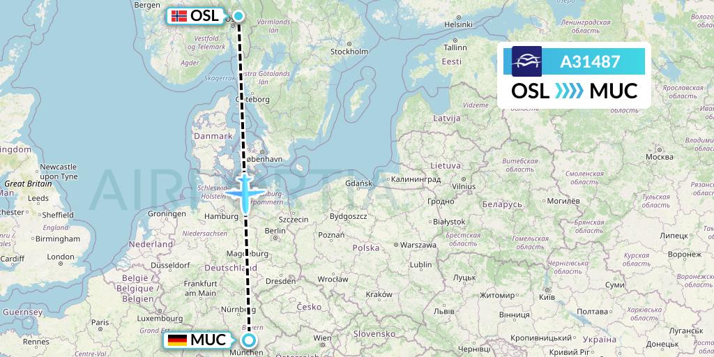 A31487 Aegean Airlines Flight Map: Oslo to Munich