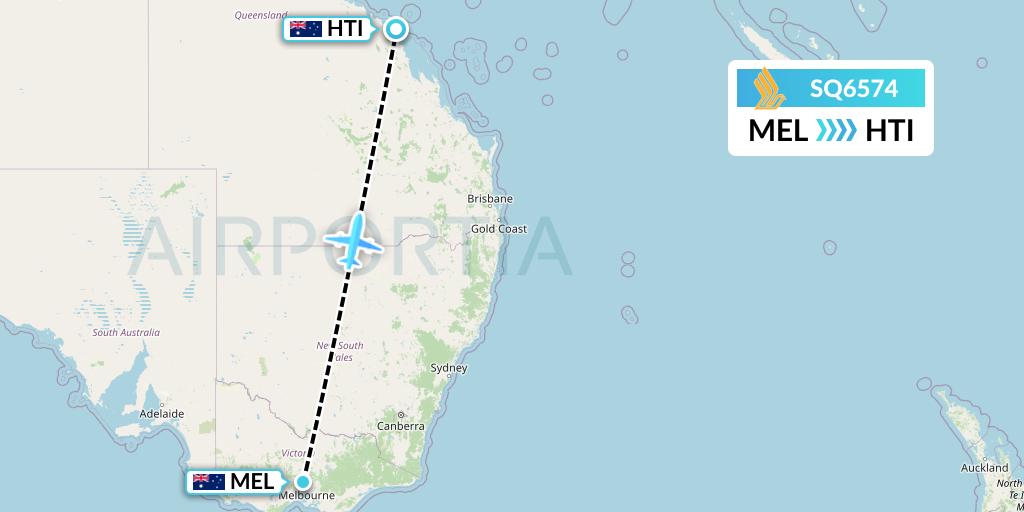 SQ6574 Singapore Airlines Flight Map: Melbourne to Hamilton Island