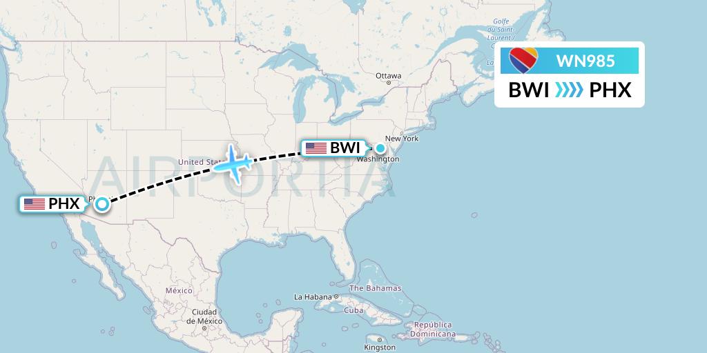 WN985 Southwest Airlines Flight Map: Baltimore to Phoenix