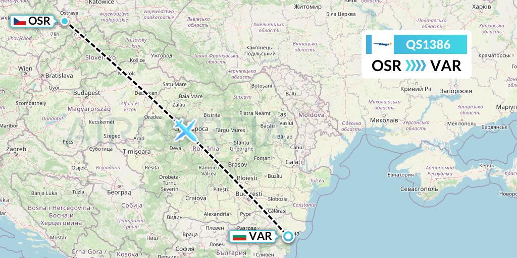 QS1386 Smartwings Flight Map: Ostrava to Varna