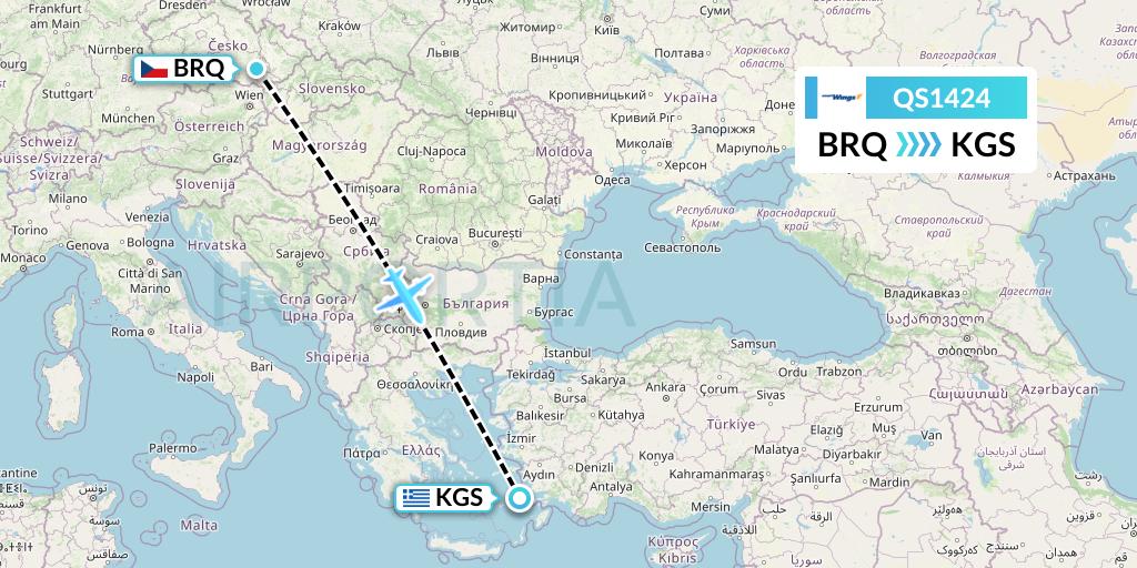QS1424 Smartwings Flight Map: Brno to Kos