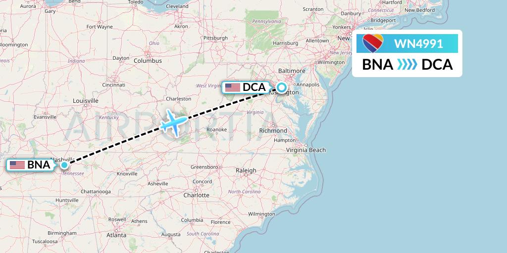 WN4991 Southwest Airlines Flight Map: Nashville to Washington