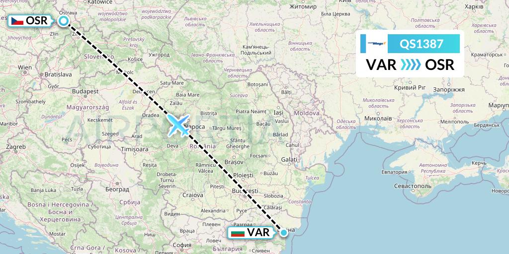 QS1387 Smartwings Flight Map: Varna to Ostrava
