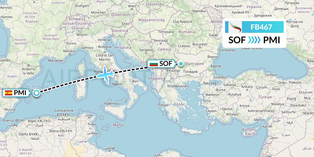 FB467 Bulgaria Air Flight Map: Sofia to Palma de Mallorca