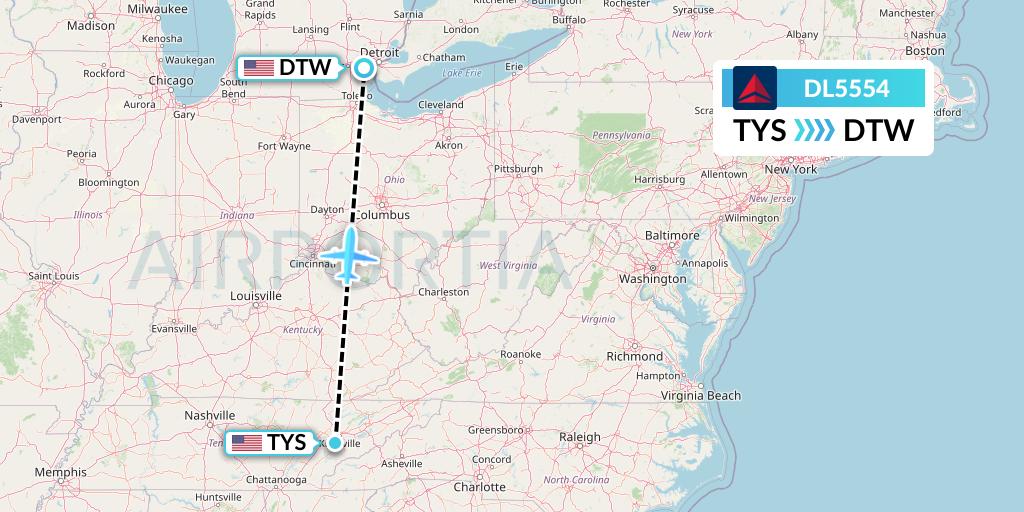 DL5554 Delta Air Lines Flight Map: Knoxville to Detroit