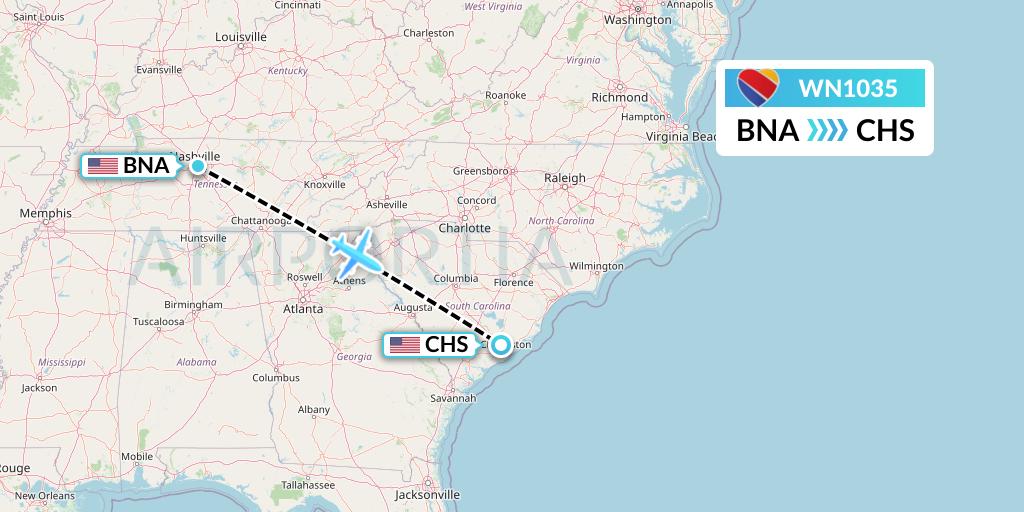 WN1035 Southwest Airlines Flight Map: Nashville to Charleston