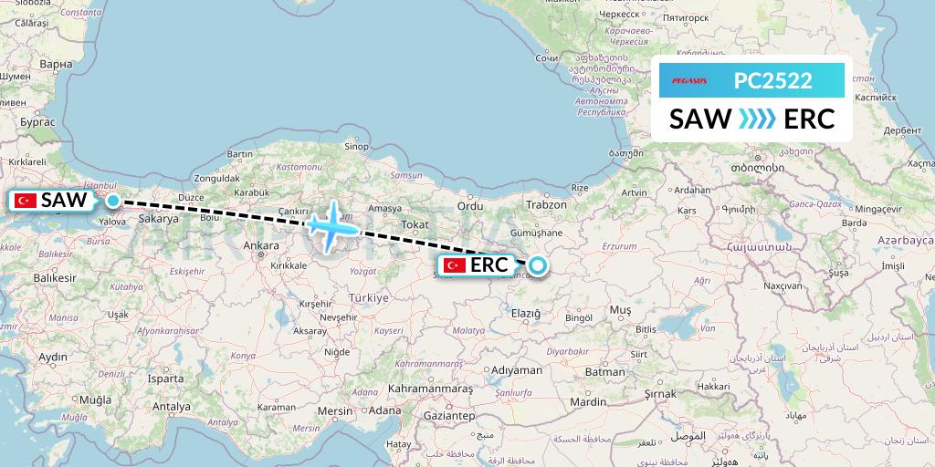 PC2522 Pegasus Airlines Flight Map: Istanbul to Erzincan