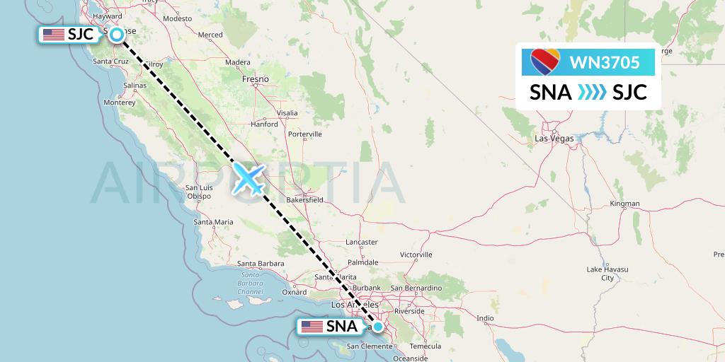 WN3705 Southwest Airlines Flight Map: Orange County to San Jose