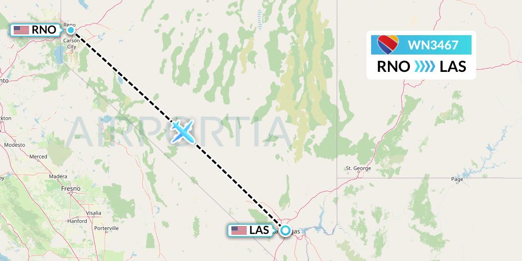 WN3467 Southwest Airlines Flight Map: Reno to Las Vegas