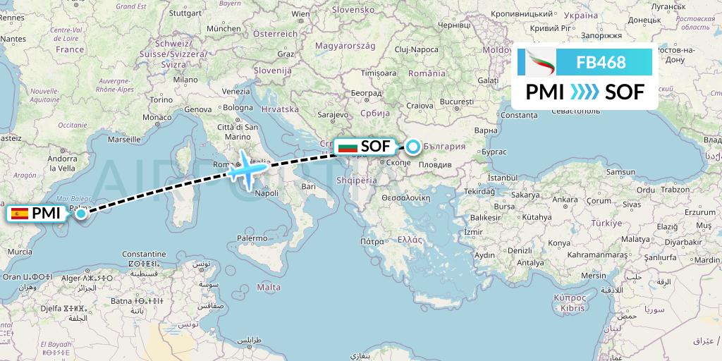 FB468 Bulgaria Air Flight Map: Palma de Mallorca to Sofia