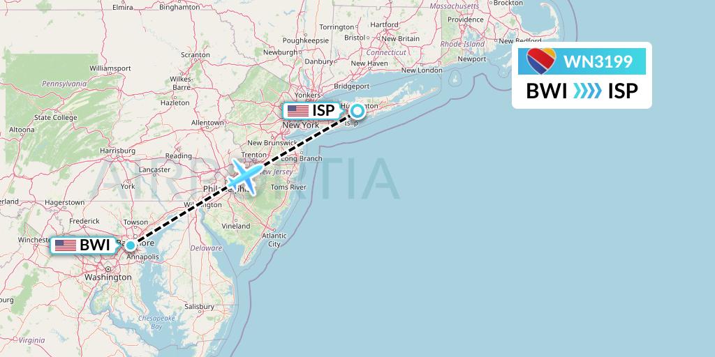 WN3199 Southwest Airlines Flight Map: Baltimore to Islip