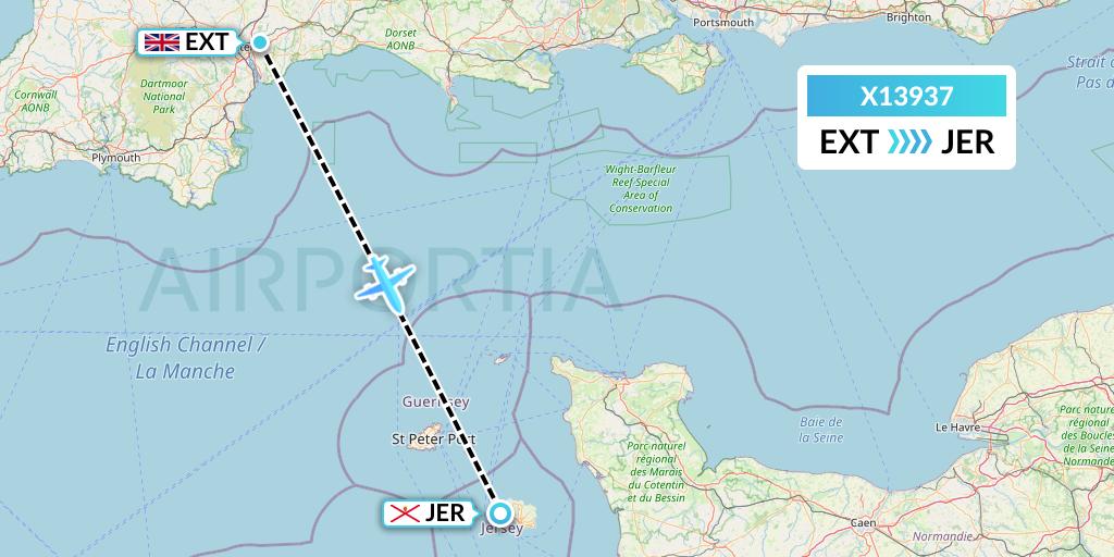 X13937 Nik Airways Flight Map: Exeter to Jersey