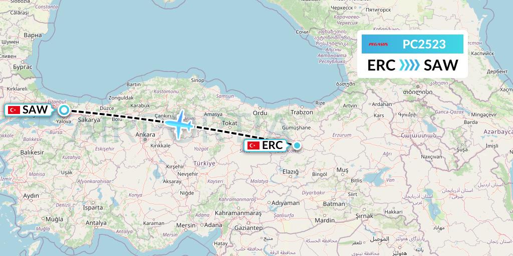 PC2523 Pegasus Airlines Flight Map: Erzincan to Istanbul