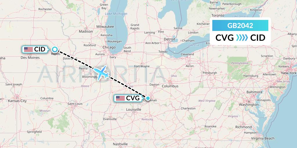 GB2042 ABX Air Flight Map: Cincinnati to Cedar Rapids