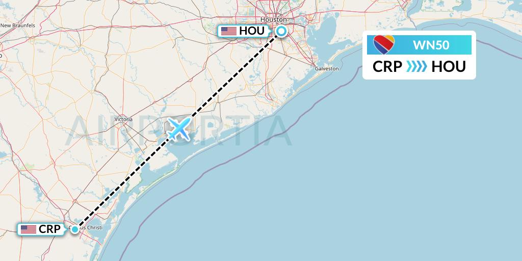 WN50 Southwest Airlines Flight Map: Corpus Christi to Houston