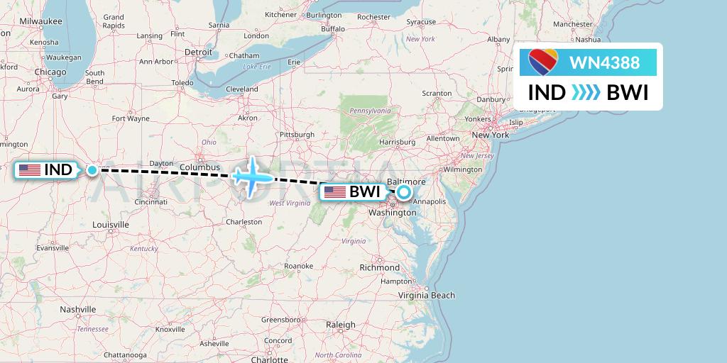 WN4388 Southwest Airlines Flight Map: Indianapolis to Baltimore