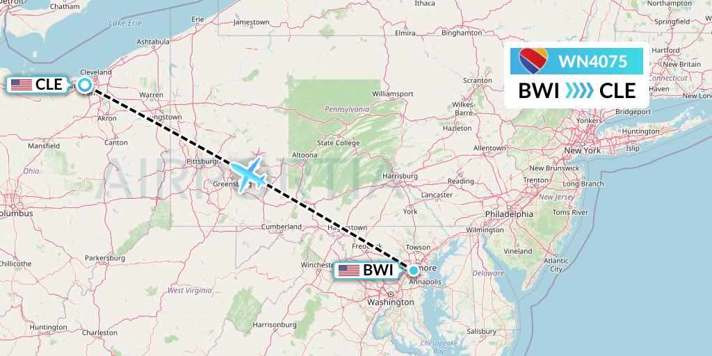 WN4075 Southwest Airlines Flight Map: Baltimore to Cleveland