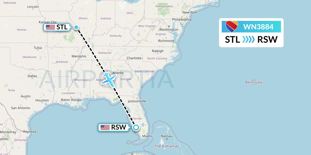 WN3884 Southwest Airlines Flight Map: St. Louis to Fort Myers
