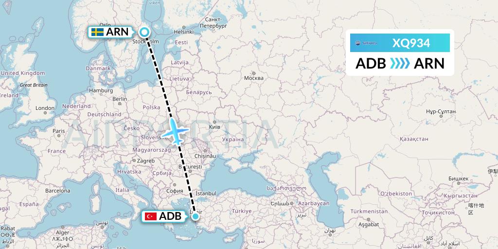 XQ934 SunExpress Flight Map: Izmir to Stockholm