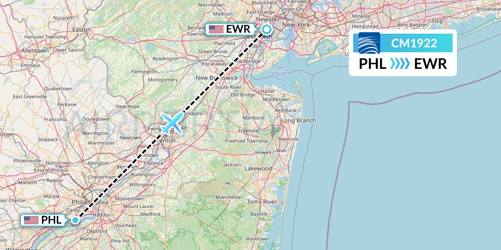 CM1922 Copa Airlines Flight Map: Philadelphia to New York