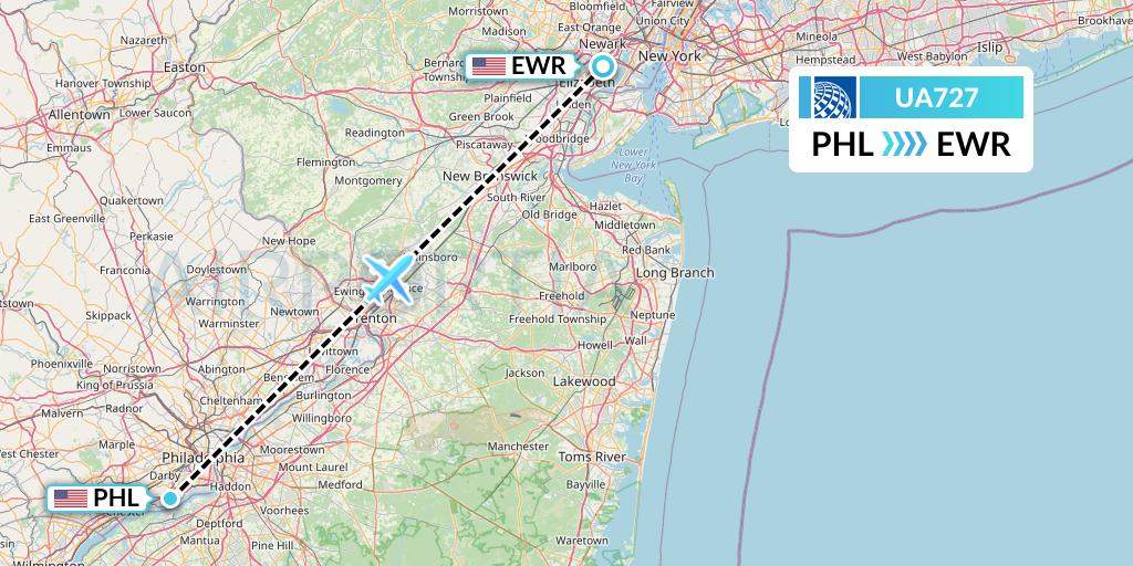 UA727 United Airlines Flight Map: Philadelphia to New York