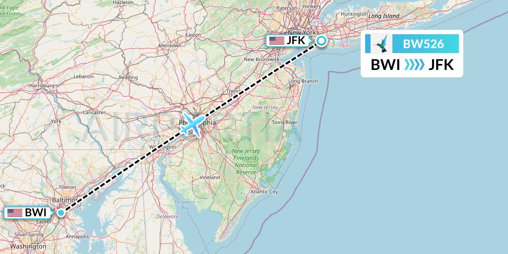BW526 Caribbean Airlines Flight Map: Baltimore to New York