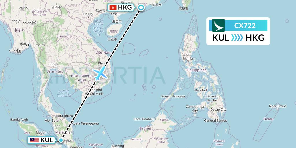 CX722 Cathay Pacific Flight Map: Kuala Lumpur to Hong Kong