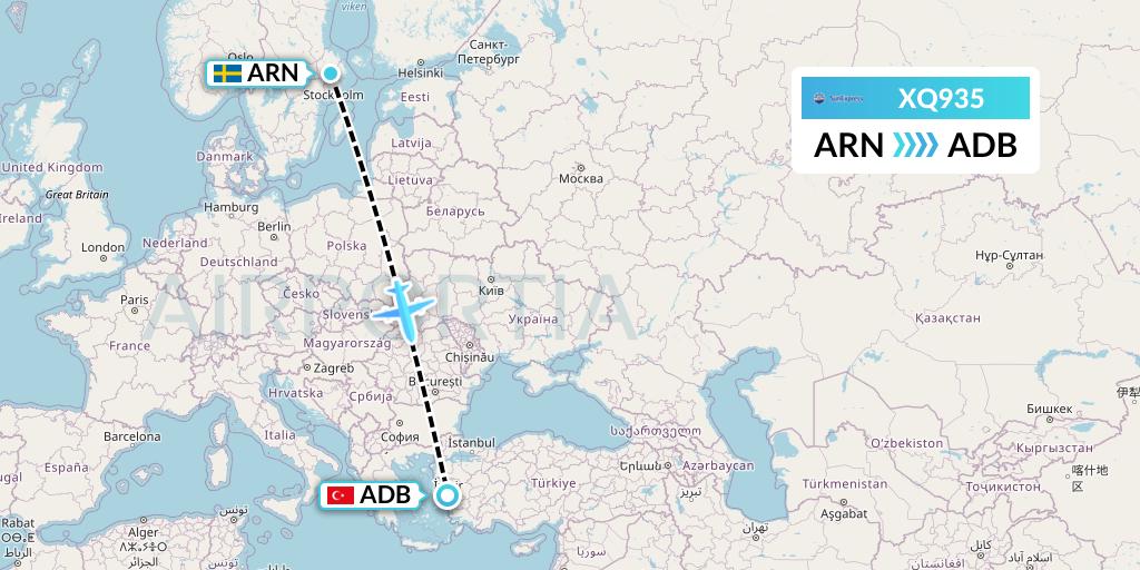 XQ935 SunExpress Flight Map: Stockholm to Izmir
