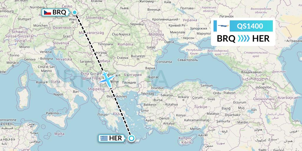 QS1400 Smartwings Flight Map: Brno to Heraklion