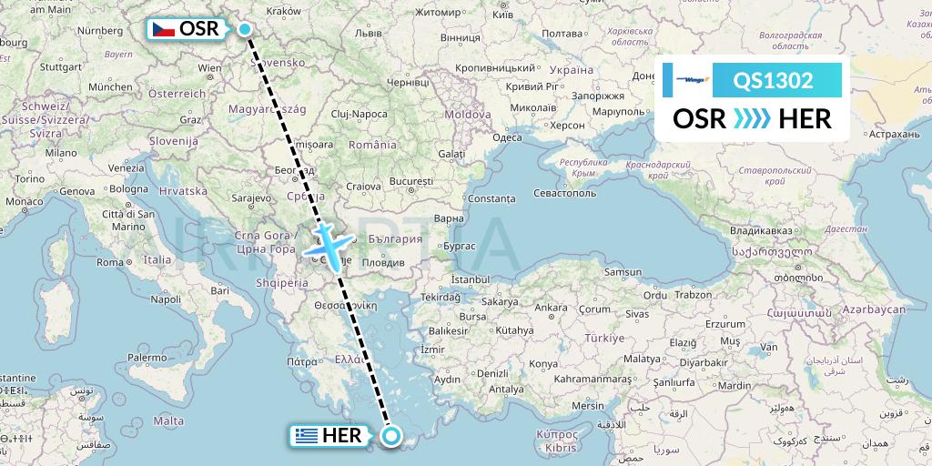 QS1302 Smartwings Flight Map: Ostrava to Heraklion