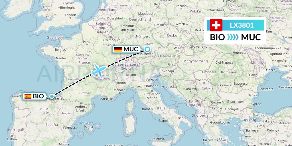 LX3801 Swiss Flight Map: Bilbao to Munich