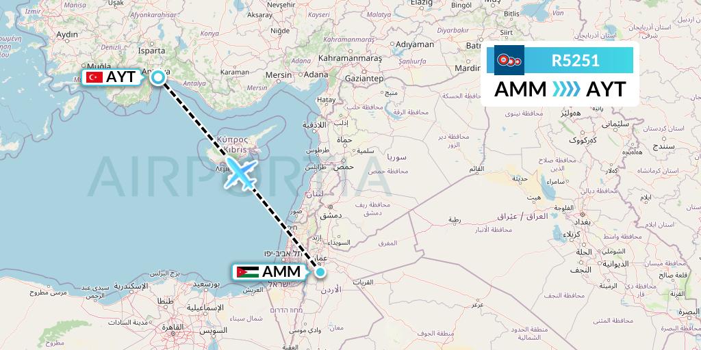 R5251 Jordan Aviation Flight Map: Amman to Antalya
