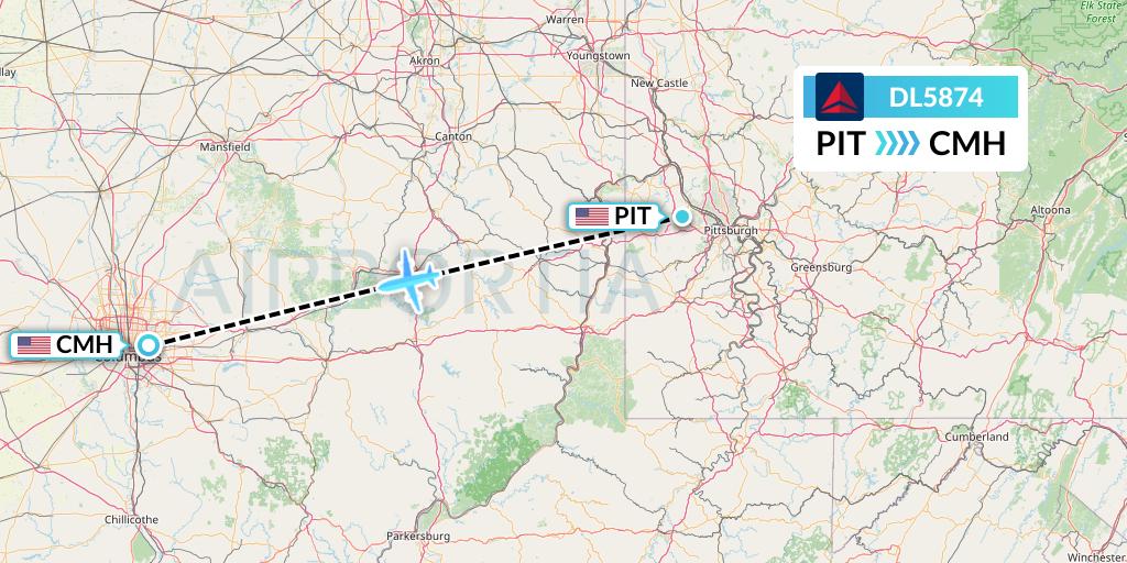 DL5874 Delta Air Lines Flight Map: Pittsburgh to Columbus
