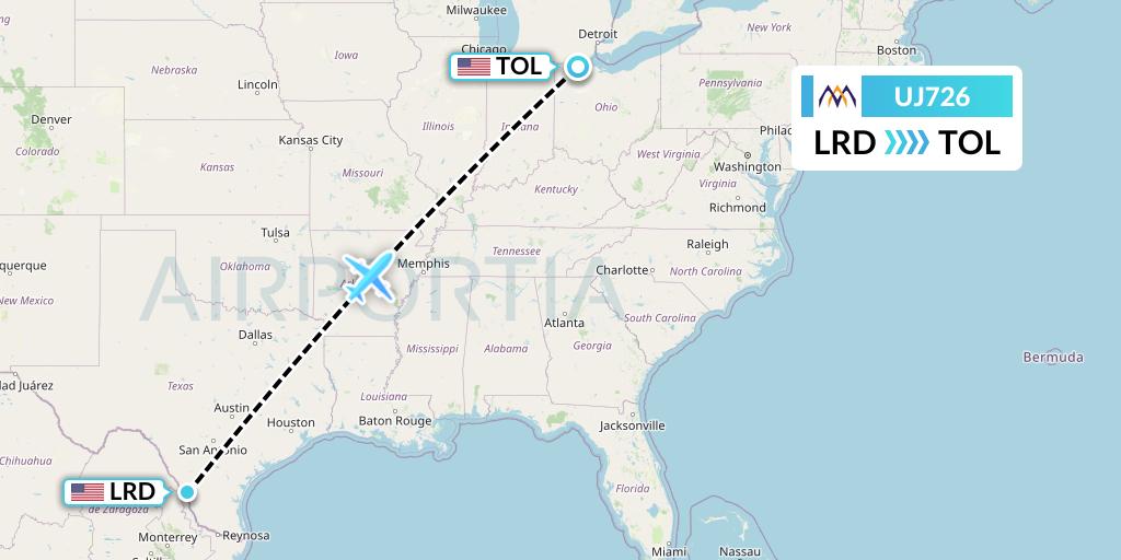 UJ726 AlMasria Universal Airlines Flight Map: Laredo to Toledo