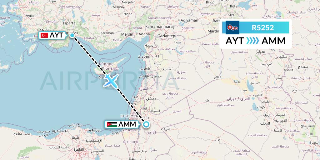 R5252 Jordan Aviation Flight Map: Antalya to Amman