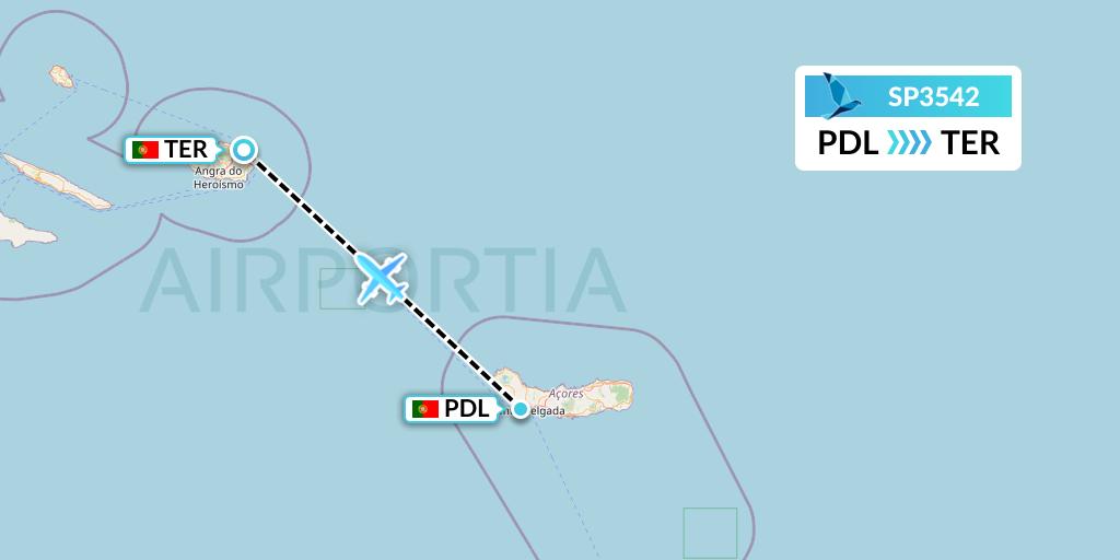 SP3542 SATA Air Acores Flight Map: Ponta Delgada to Lajes