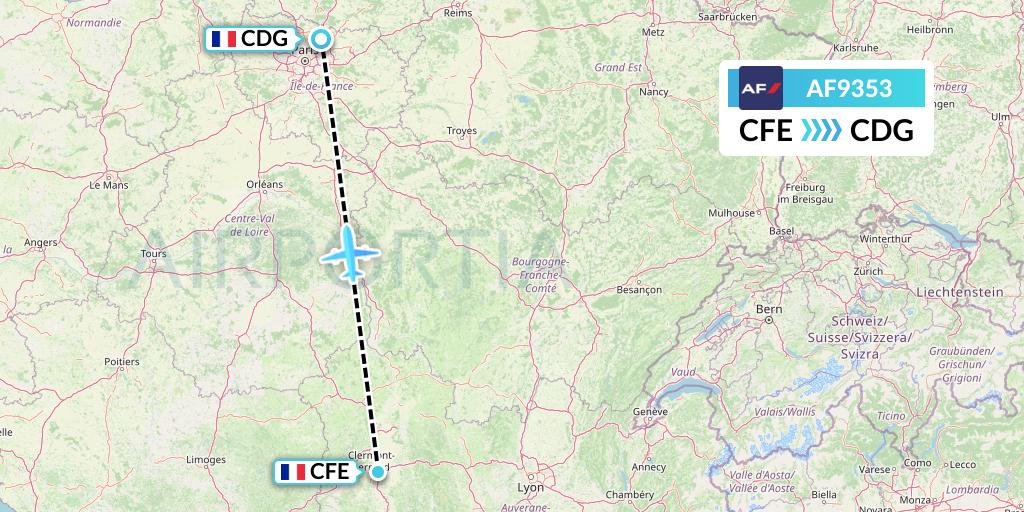 AF9353 Air France Flight Map: Clermont-Ferrand to Paris