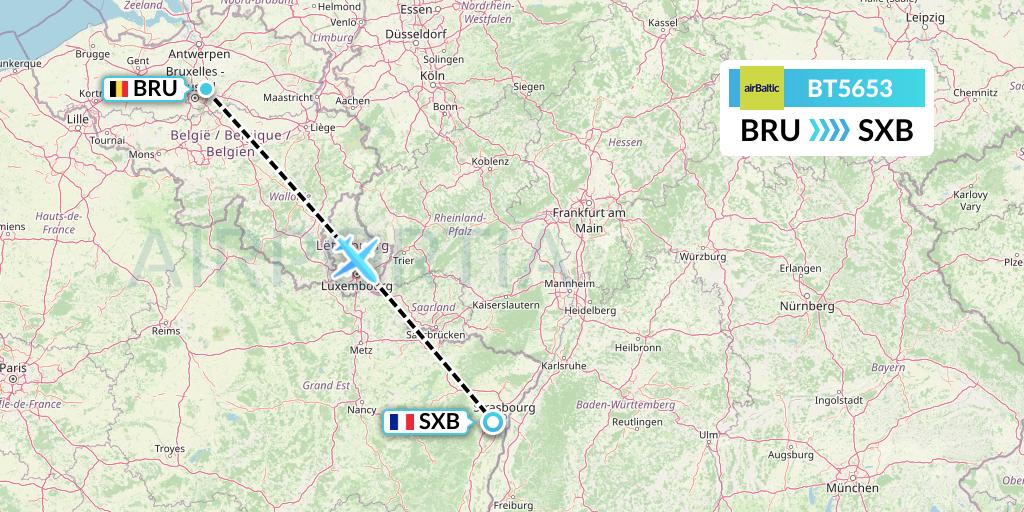 BT5653 Air Baltic Flight Map: Brussels to Strasbourg